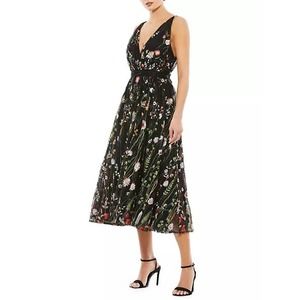 Mac Duggal Floral-Embroidered Tulle Midi-Dress V-Neck Black Multi Size 6 NWT